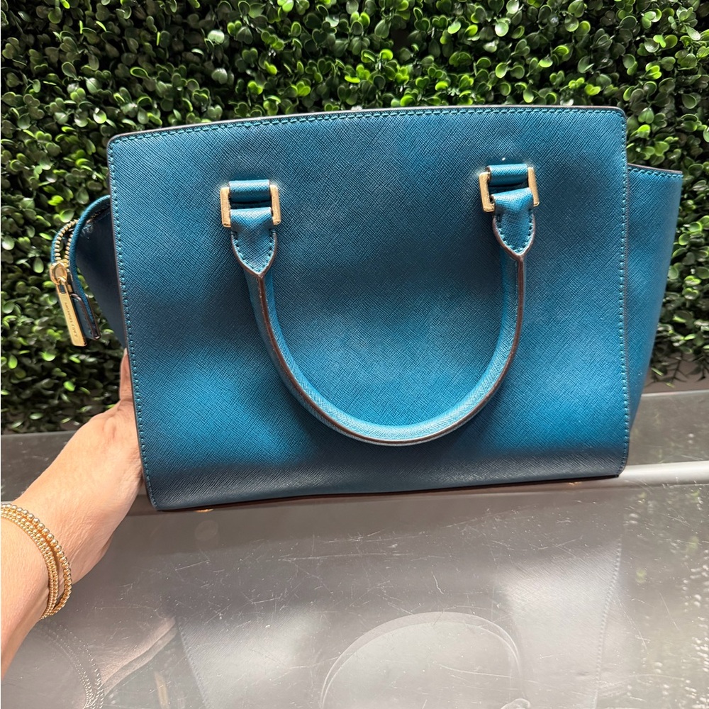 Michael Kors Blue Saffiano Satchel with Gold Hardware - Picture 2 of 4